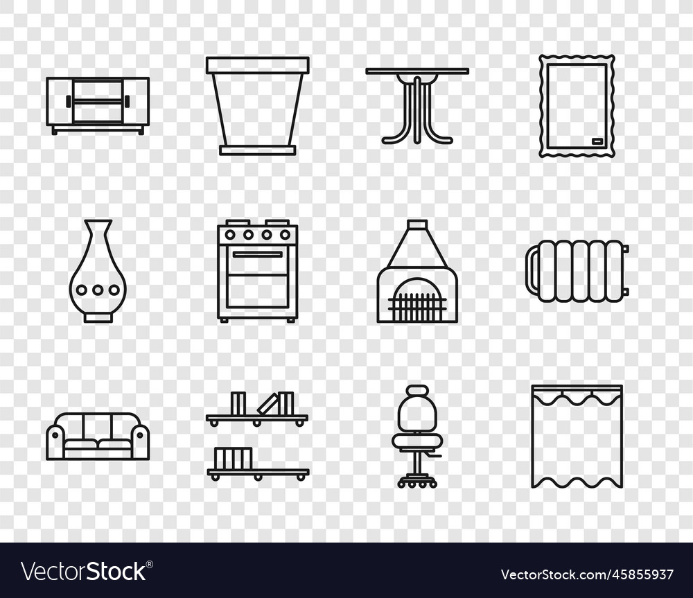 Set line sofa curtains round table shelf vector image Set line sofa curtains round table shelf