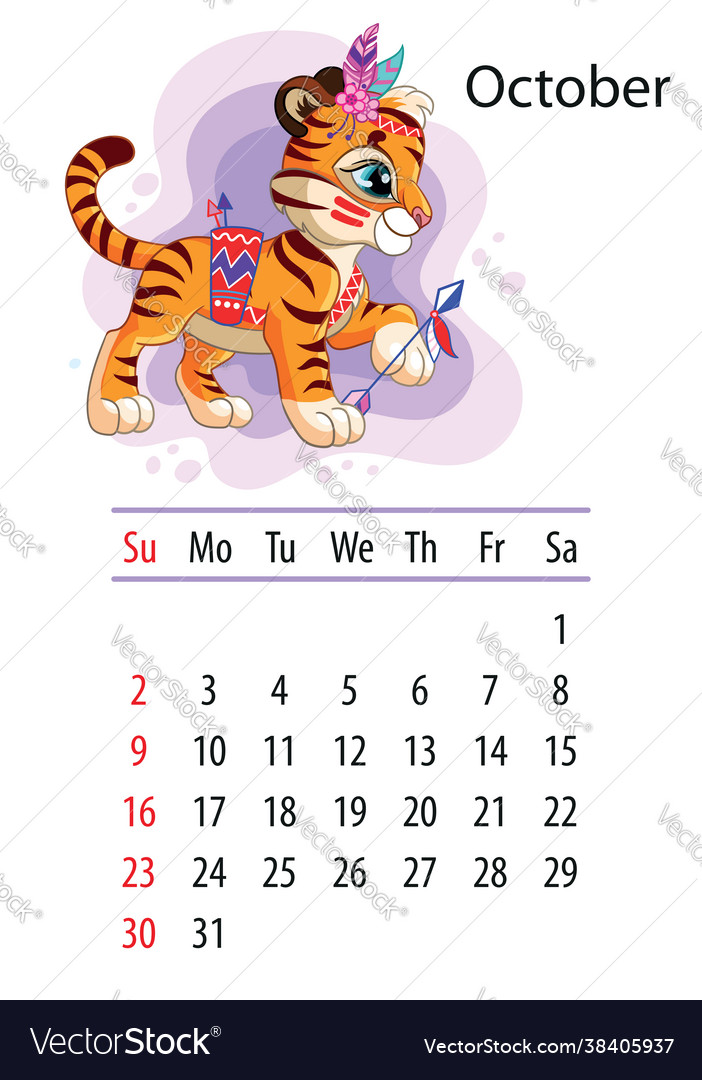 Tiger wall calendar design template for october