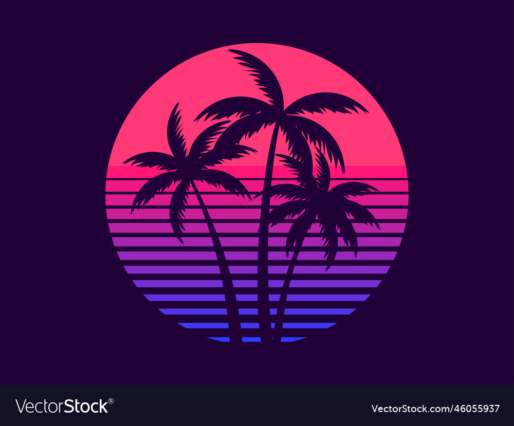 Tropical palm trees at sunset in a futuristic 80s Vector Image