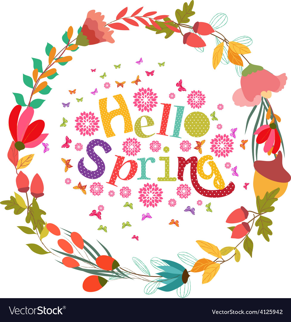 Hello spring with flower and butterflies shape