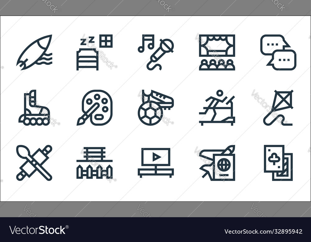 Hobbies line icons linear set quality vector image Hobbies line icons linear set quality