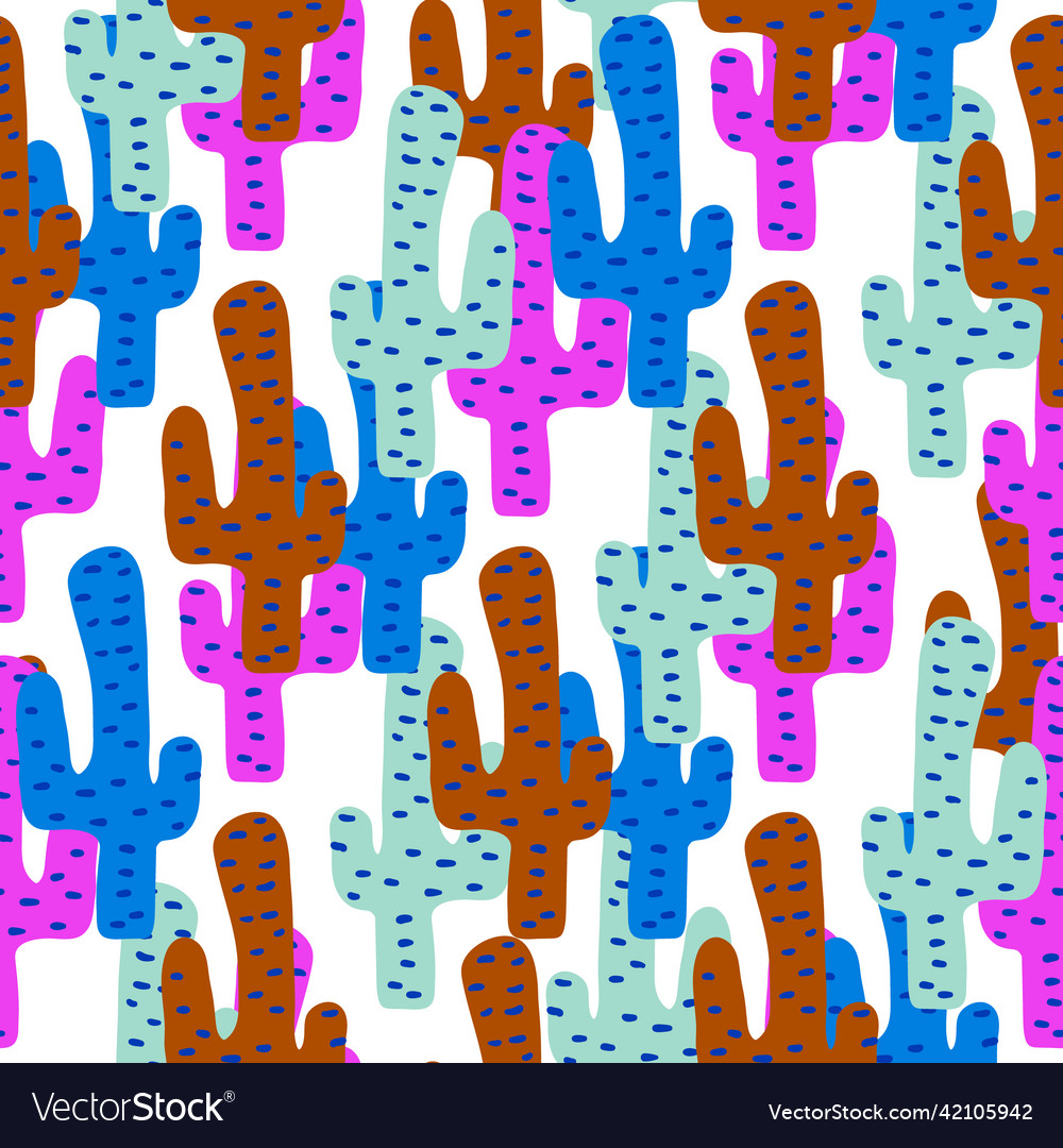 Seamless pattern with colorful cactuses and hand