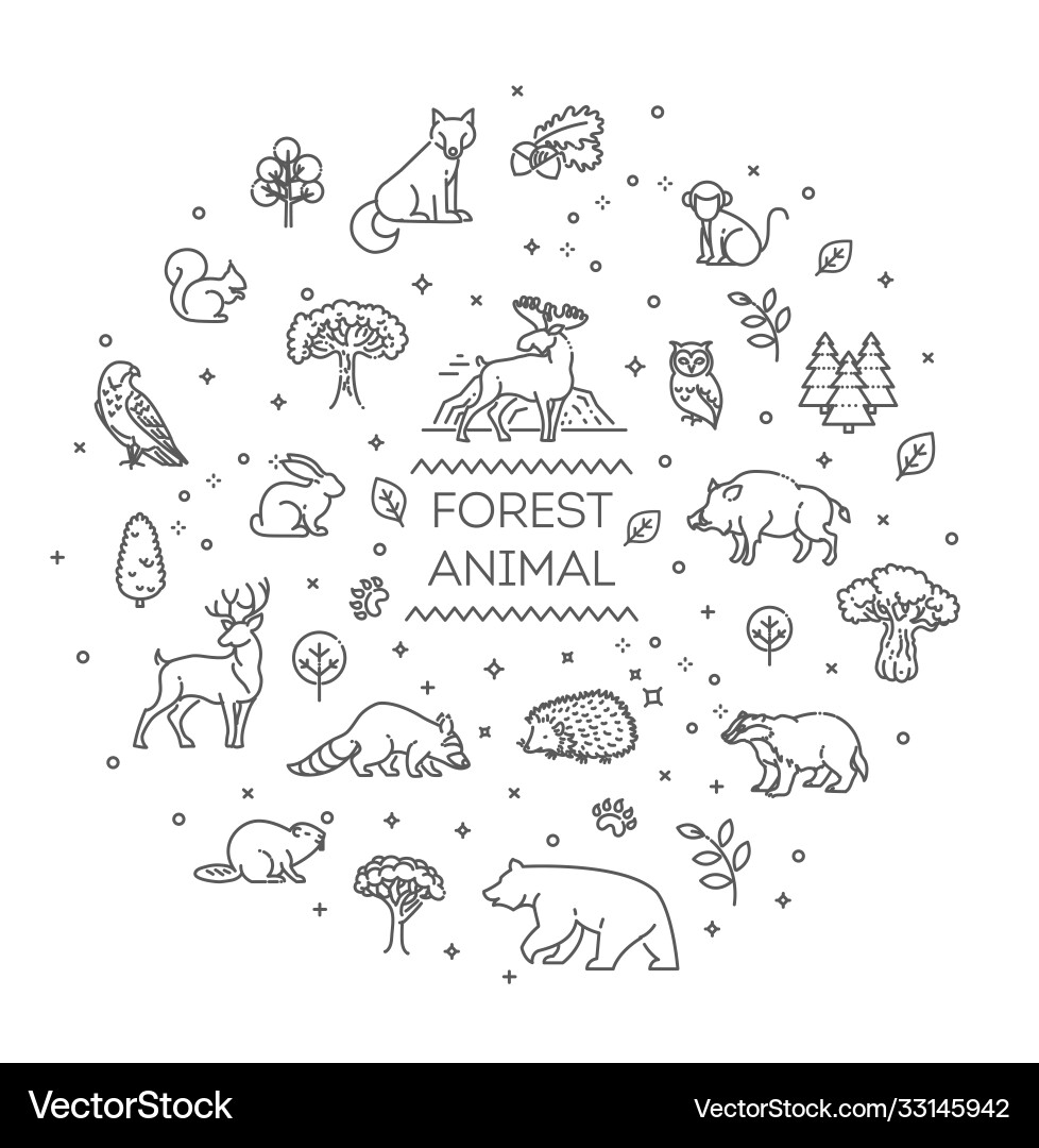 Set linear forest animals Royalty Free Vector Image