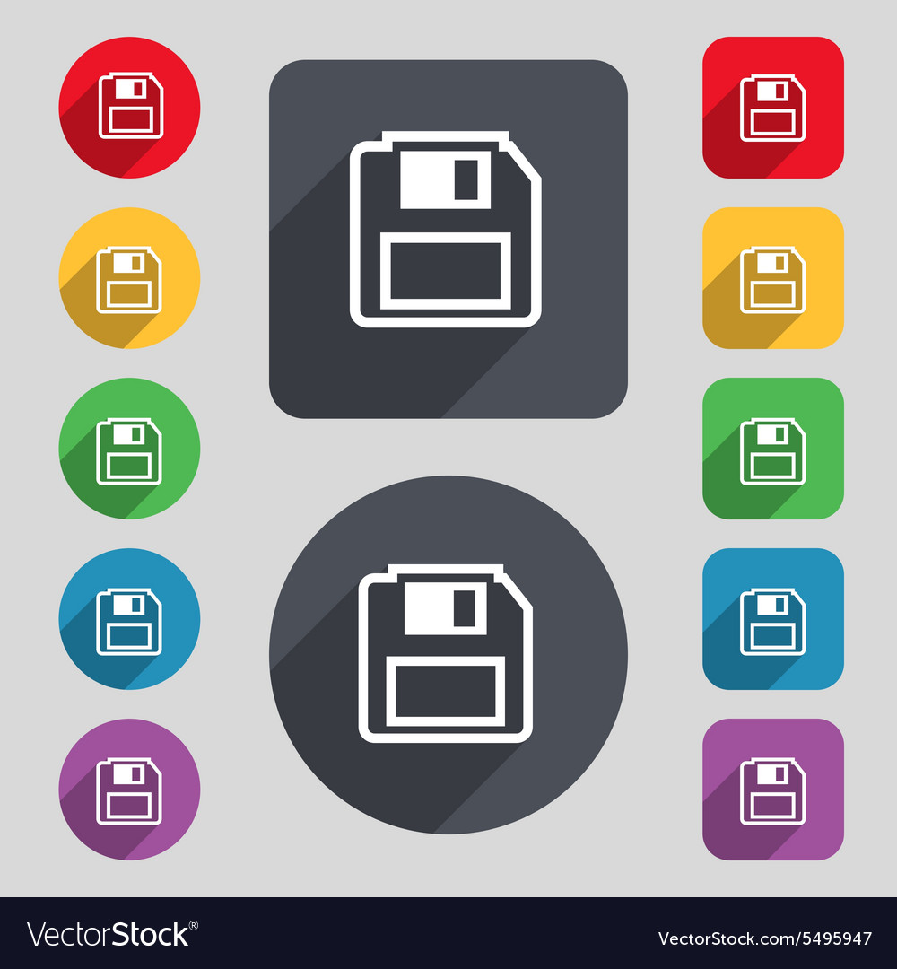 Floppy disk icon sign a set of 12 colored buttons