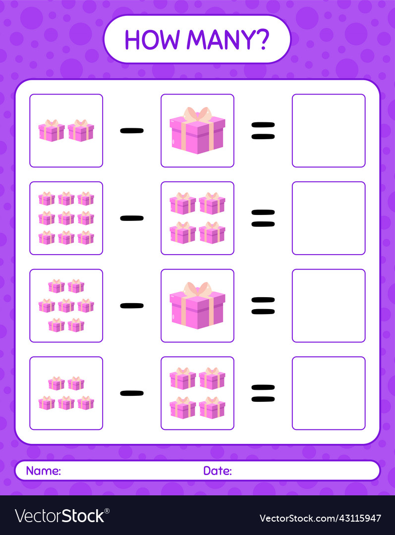 How many counting game with gift box worksheet
