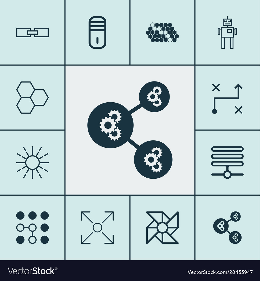 Machine icons set with gear algorithm robot vector image Machine icons set with gear algorithm robot