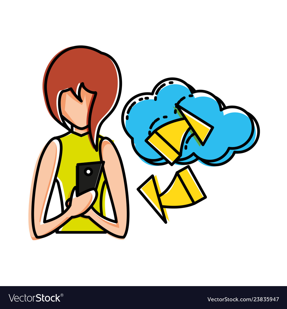 Woman using smartphone with cloud computing
