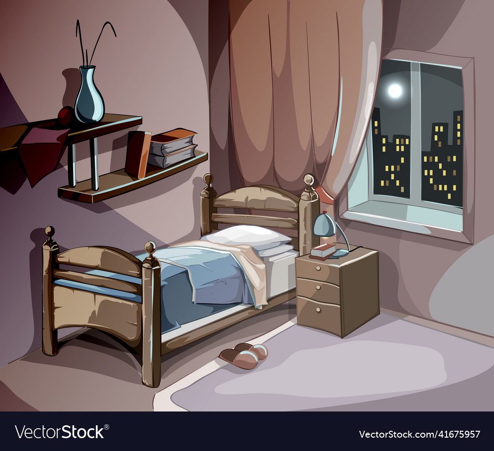 Bedroom interior at night in cartoon style Vector Image