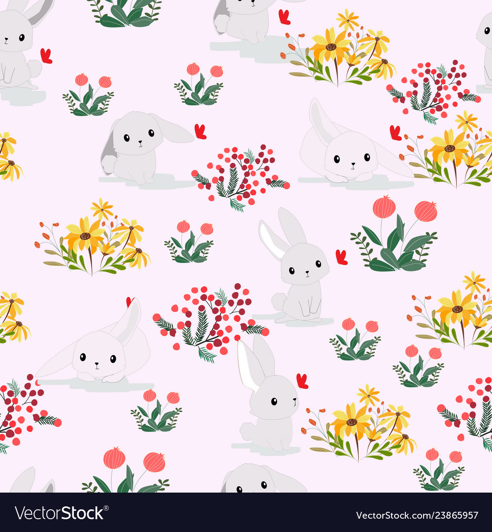 Cute rabbit in flower garden seamless pattern