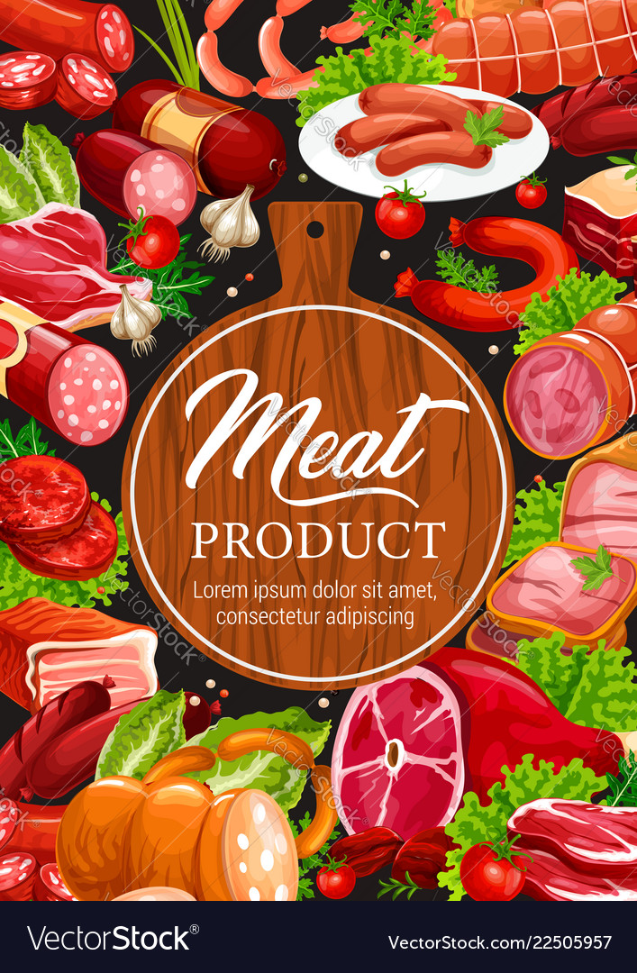 Meat and sausages butcher delicatessen products Vector Image