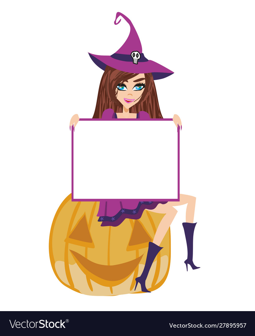 Smiling witch sits on a pumpkin frame with space Vector Image Smiling witch sits on a pumpkin frame with space