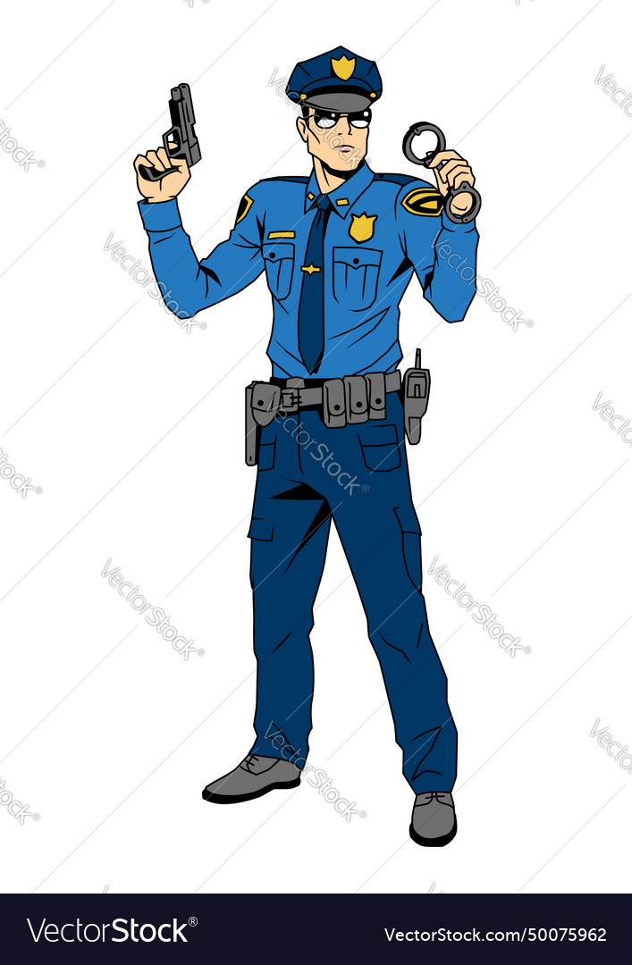 Brave policeman with a gun and handcuffs Vector Image