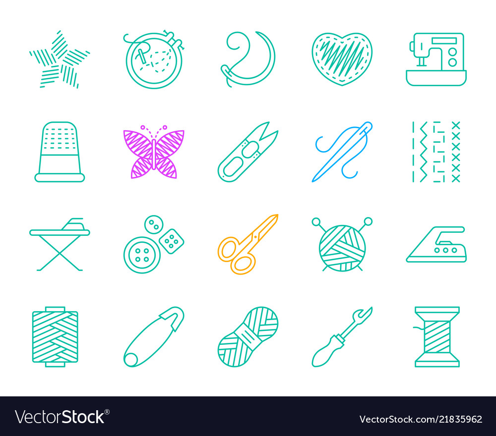 Needlework simple color line icons set vector image Needlework simple color line icons set