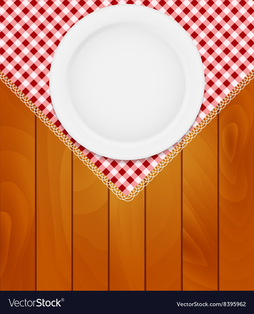 White eppty plate on kitchen napkin at wooden Vector Image