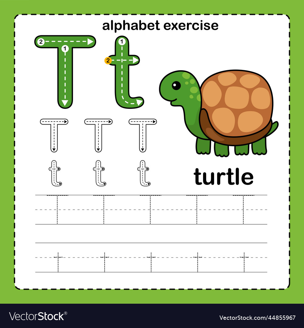 Alphabet letter t - turtle exercise with cartoon Vector Image