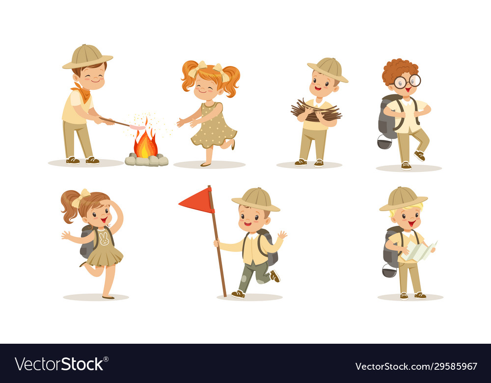 Collection kids scouts camping cute boys and Vector Image