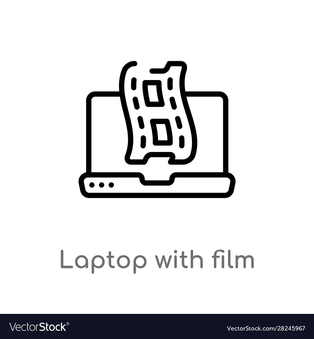 Outline laptop with film strip icon isolated