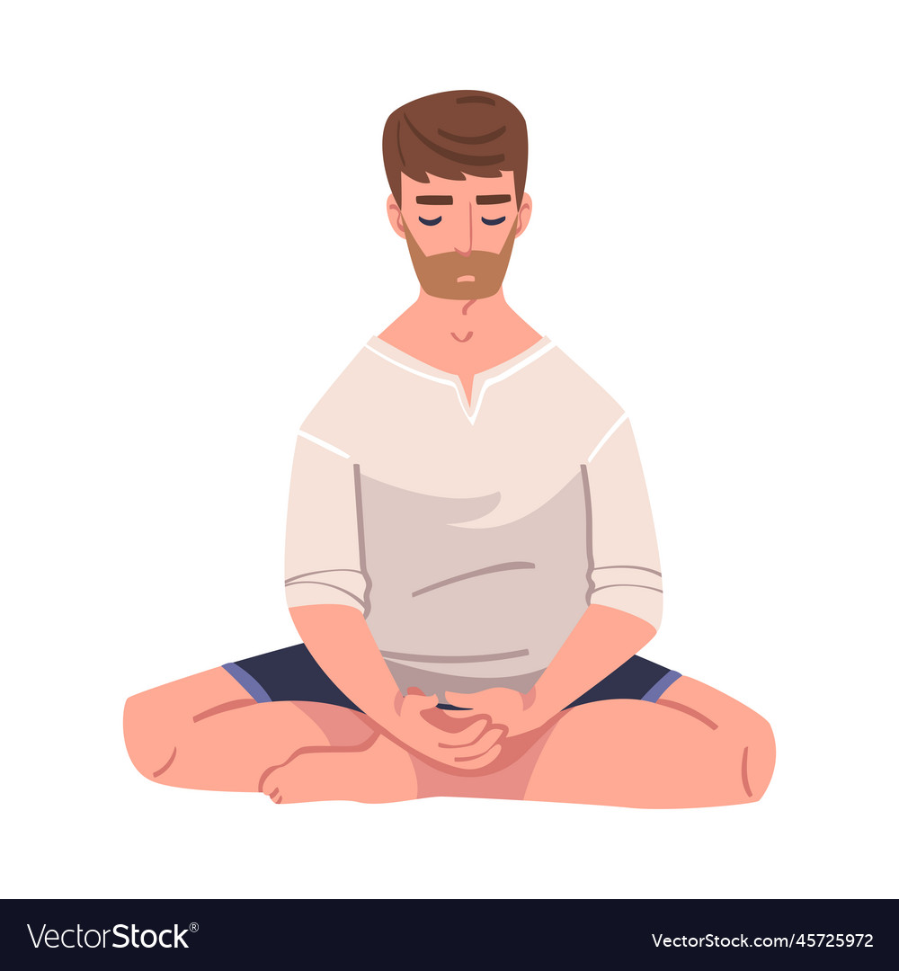 Bearded man character doing meditation sitting Vector Image