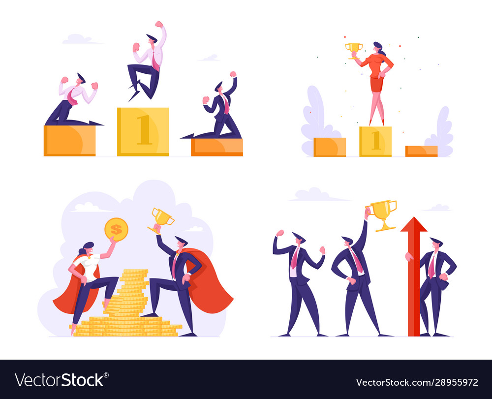 Business People Stand On Golden Winners Pedestal Vector Image