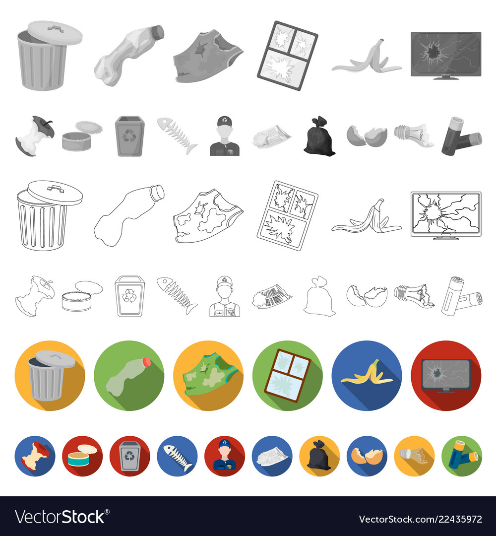 Garbage and waste flat icons in set collection vector image Garbage and waste flat icons in set collection