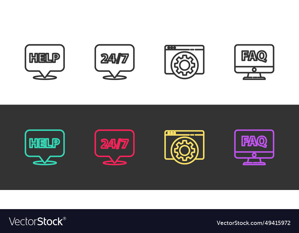 Set line speech bubble with text help clock 24 vector image Set line speech bubble with text help clock 24