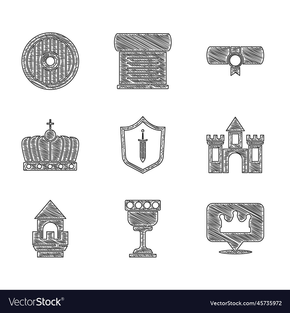 Set medieval shield with sword goblet location Vector Image Set medieval shield with sword goblet location