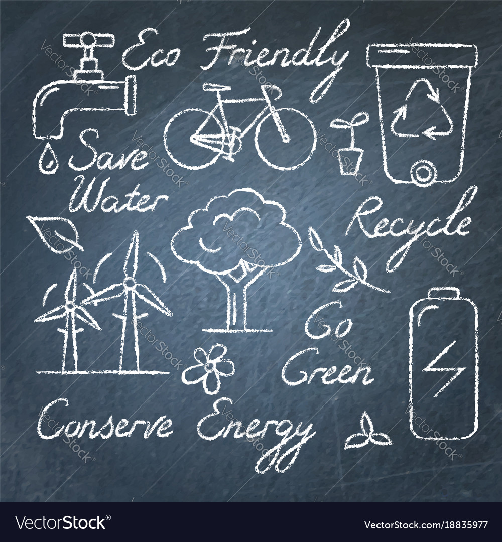Set of ecology icons and lettering on chalkboard