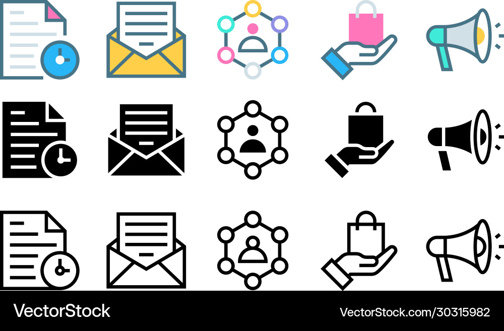 Marketing flat line solid icons Royalty Free Vector Image