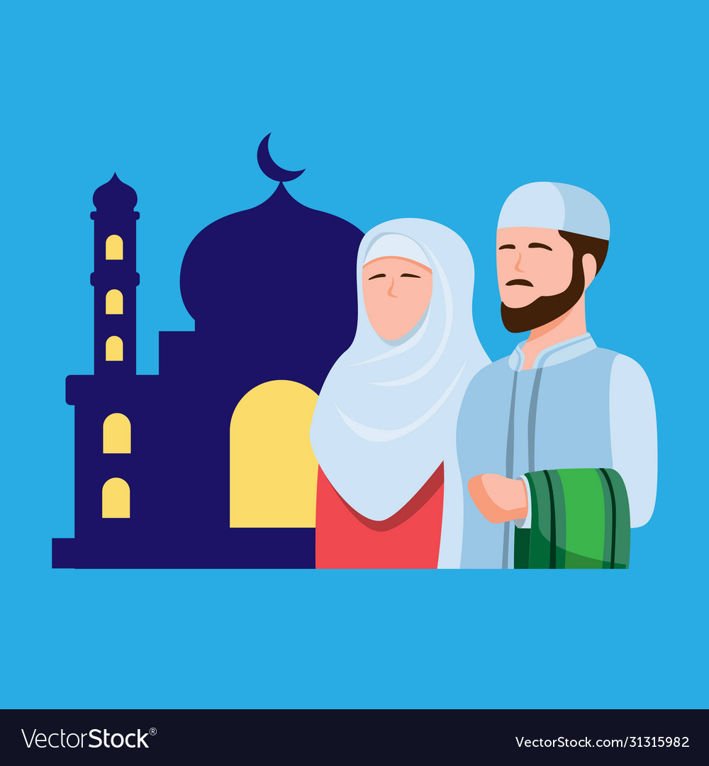 Muslim People Praying In Mosque Man And Woman In Vector Image