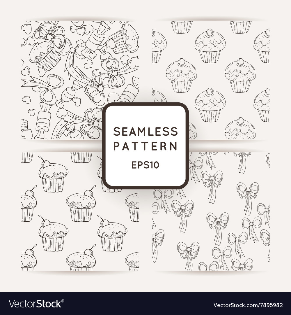 Set of hearts and muffins seamless patterns