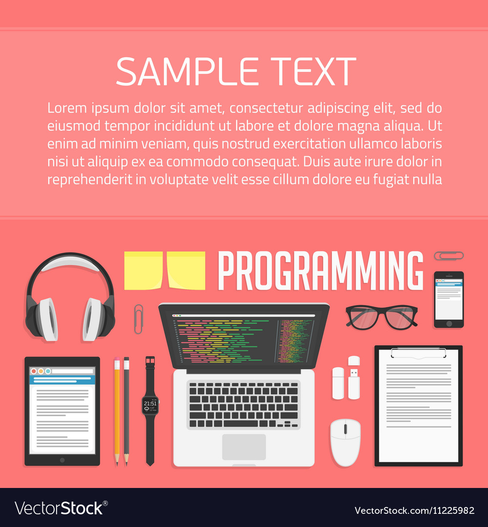 Workplace programmer desktop top view Royalty Free Vector