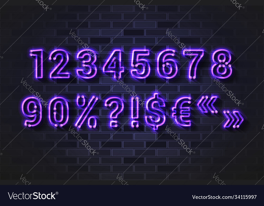 Glowing violet neon lamp numbers and special