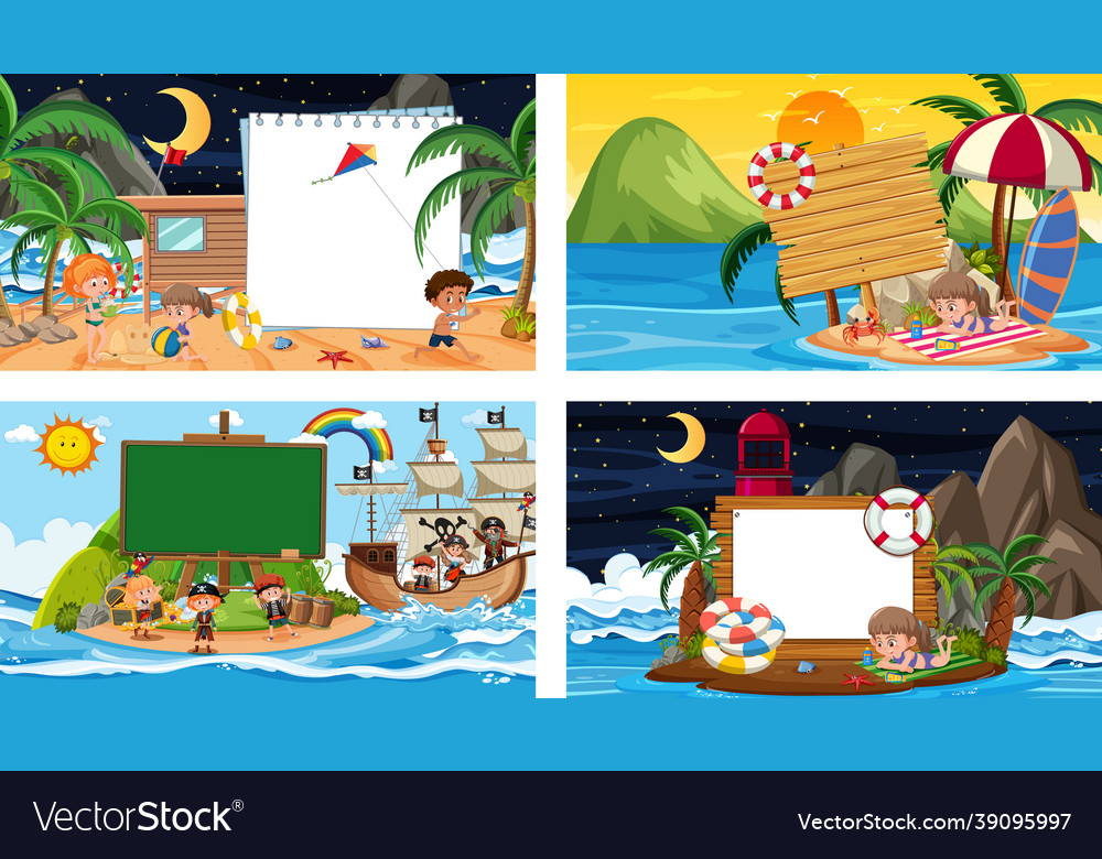 Set of different tropical beach scenes with blank