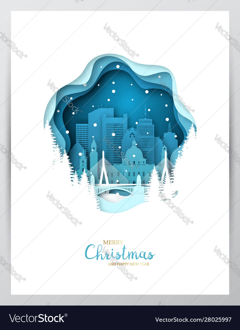 Snowy boston city paper art greeting card Vector Image Snowy boston city paper art greeting card