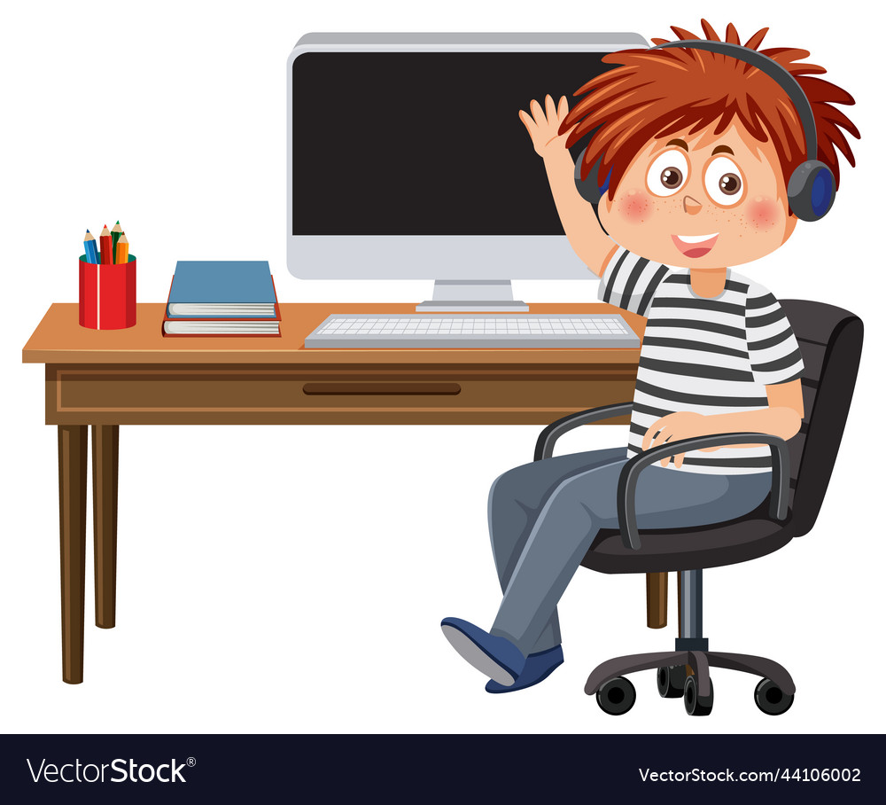 A boy sitting in front of computer Royalty Free Vector Image