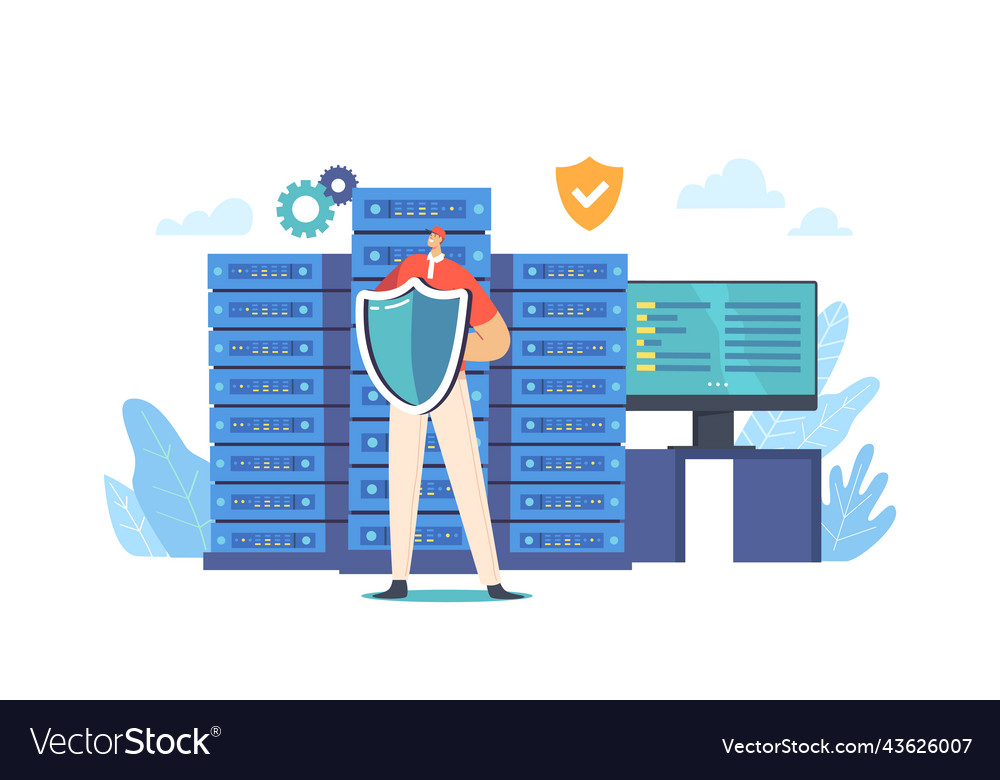 Database safety concept man character hold shield vector image Database safety concept man character hold shield