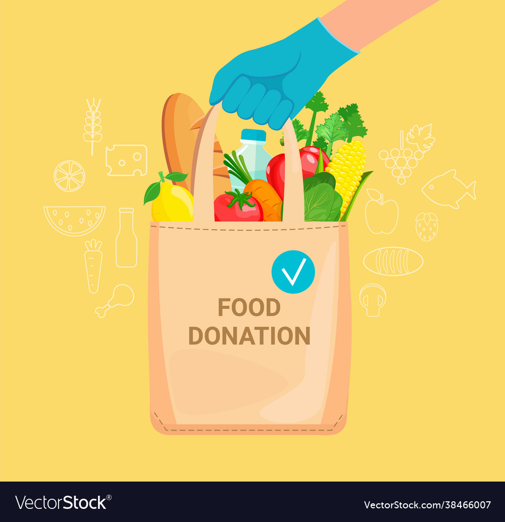 Hand in gloves with bag full donation food Vector Image