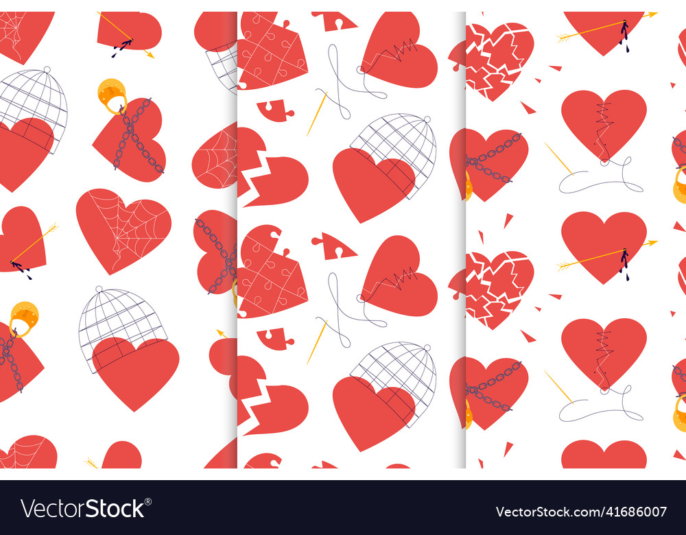 Set of seamless pattern with red hearts vector image Set of seamless pattern with red hearts