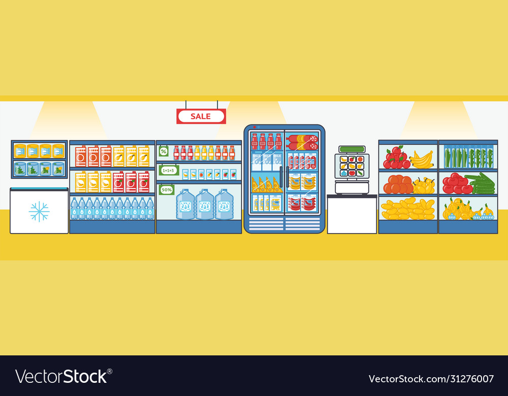 Supermarket with products shelves and fridges