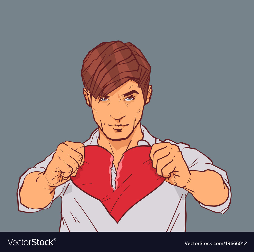 Handsome man holding broken heart tearing red