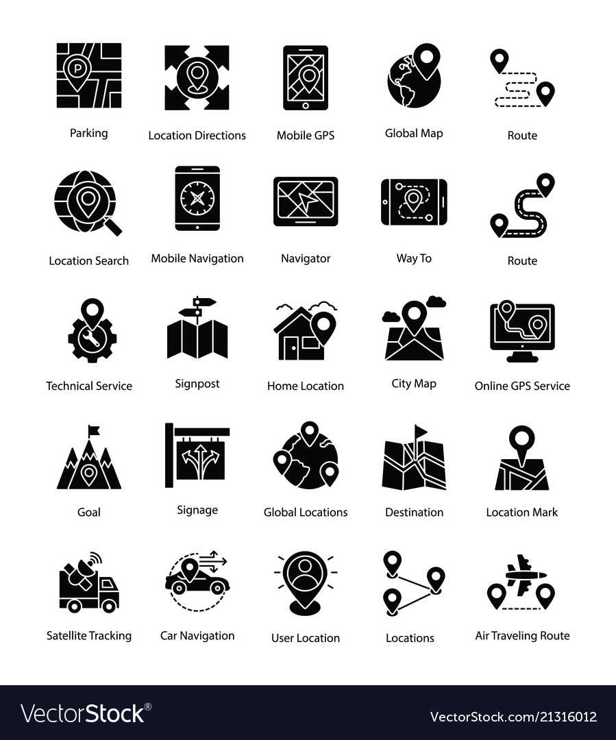 Set of map and navigation glyph icons