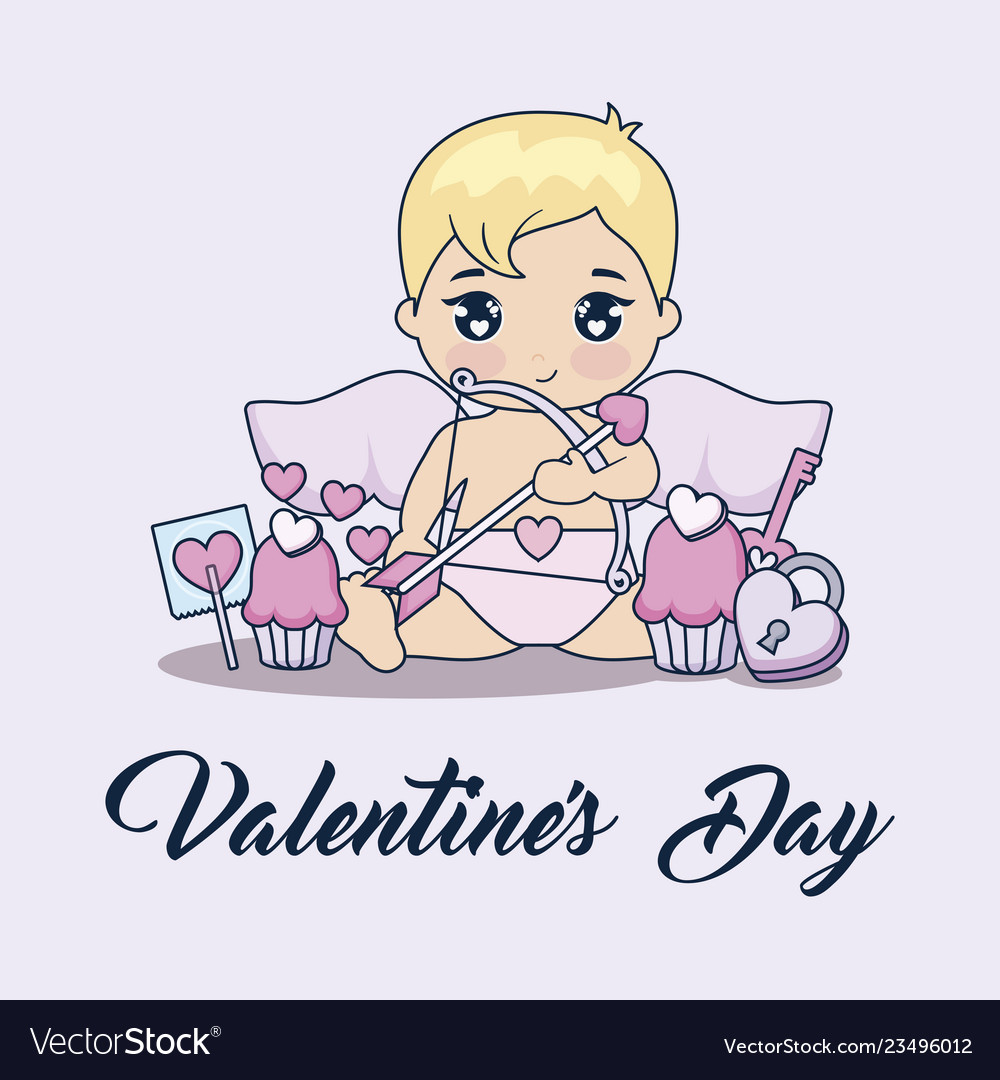 Valentine day card with cupid and set icons