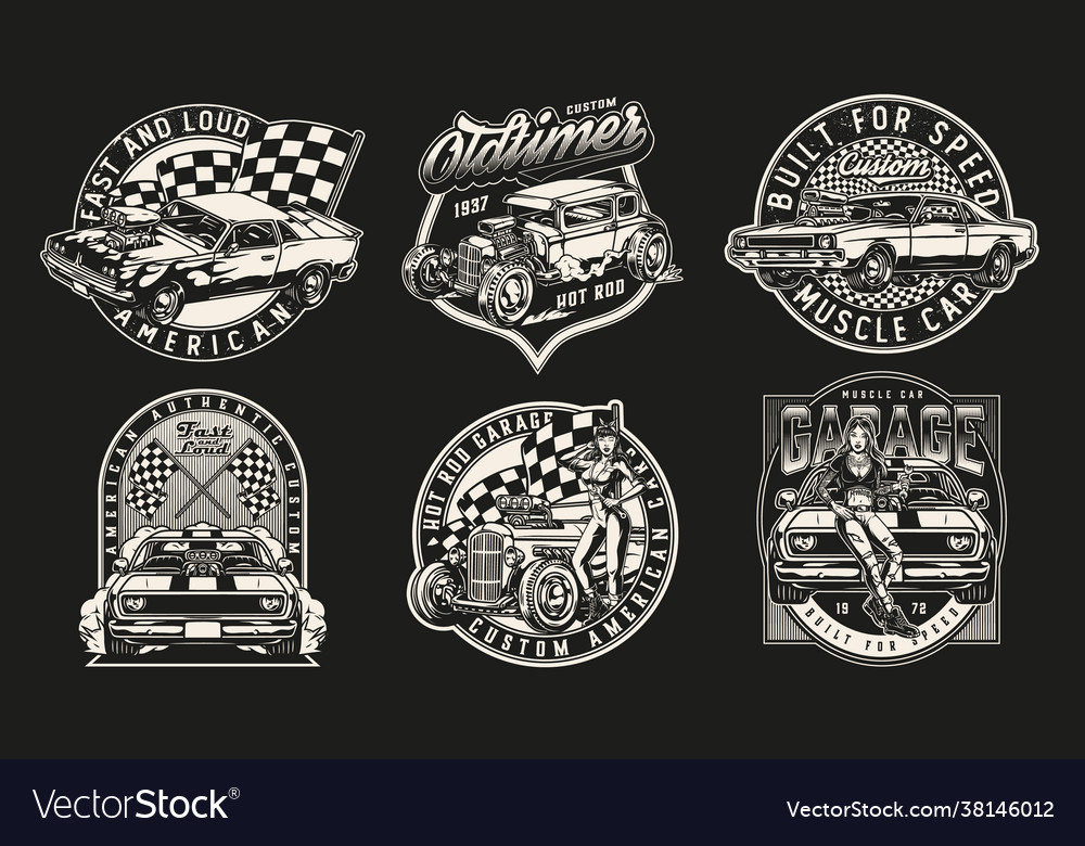 Vintage Monochrome Custom Cars Designs Royalty Free Vector