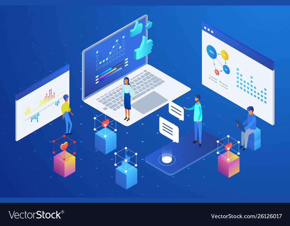 Isometric people analyzing and using data from Vector Image