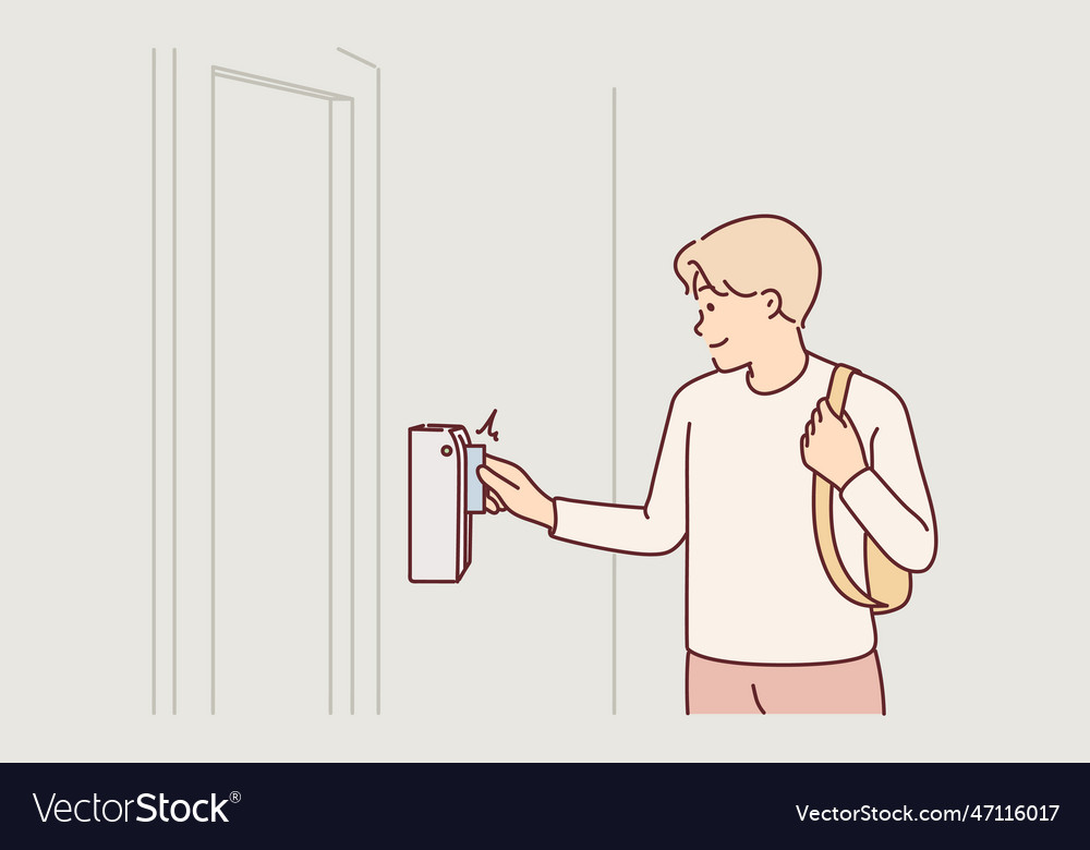 Man uses key-card to open door gain access vector image Man uses key-card to open door gain access