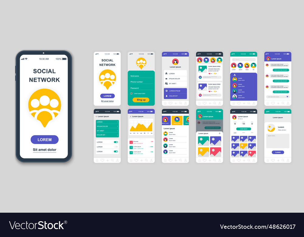 Set of ui ux gui screens social network app flat