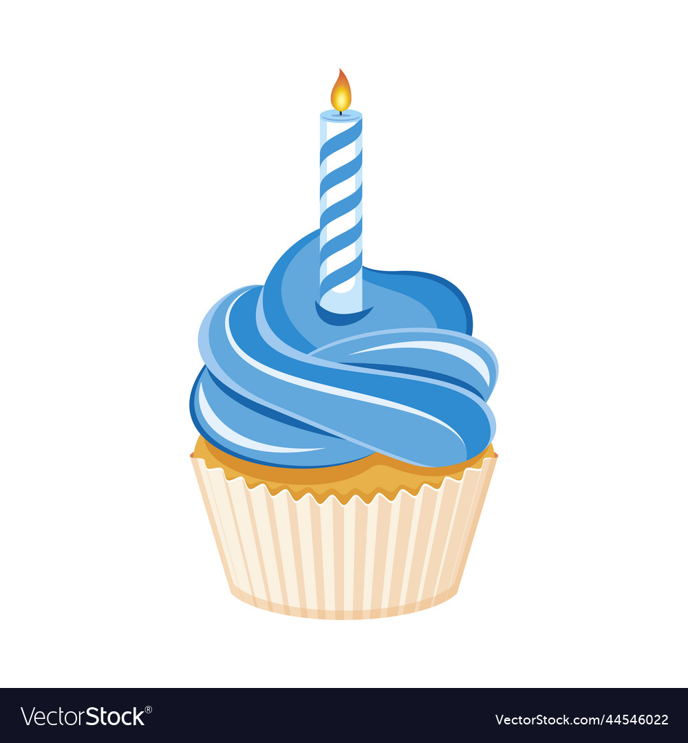 Blue birthday cupcake with candle icon vector image Blue birthday cupcake with candle icon