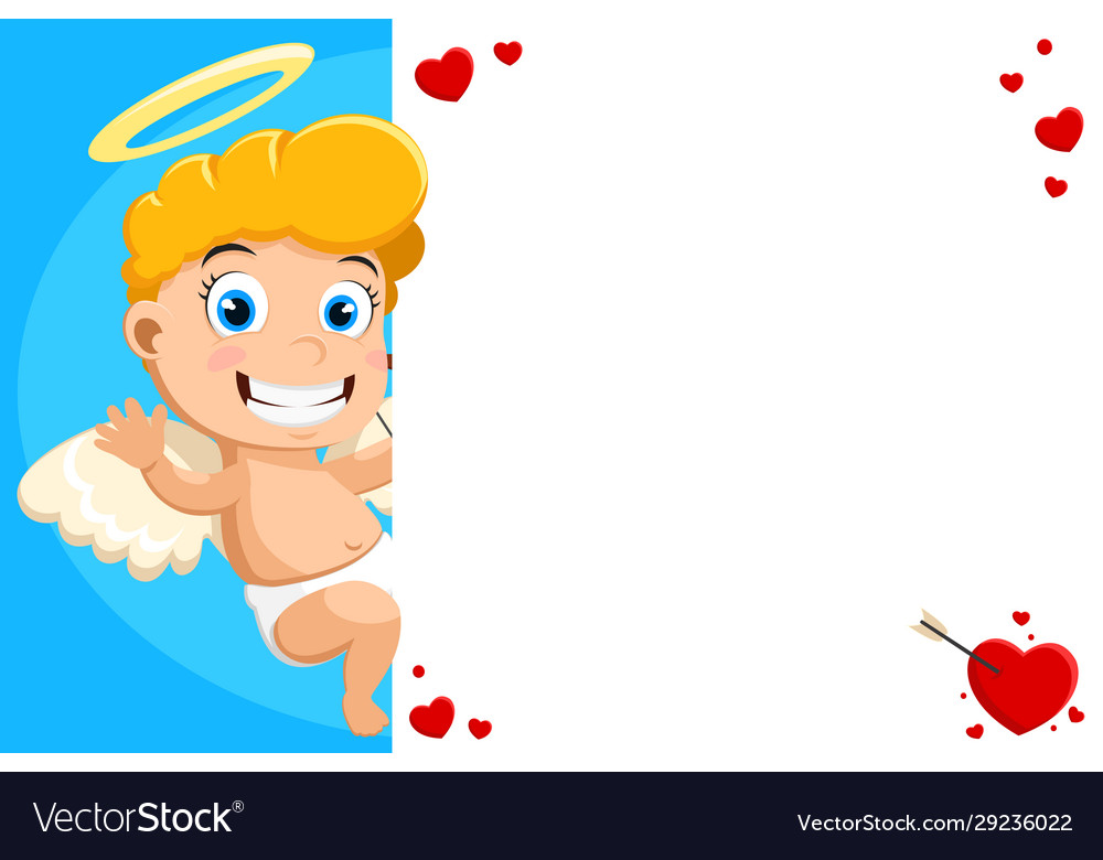 Cupid angel stands smiling on a white copyspace