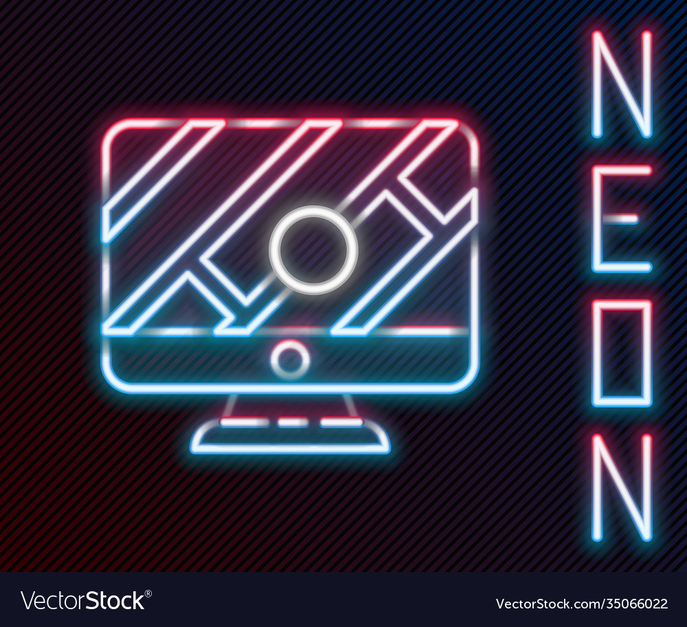 Glowing neon line computer monitor and folded map vector image Glowing neon line computer monitor and folded map