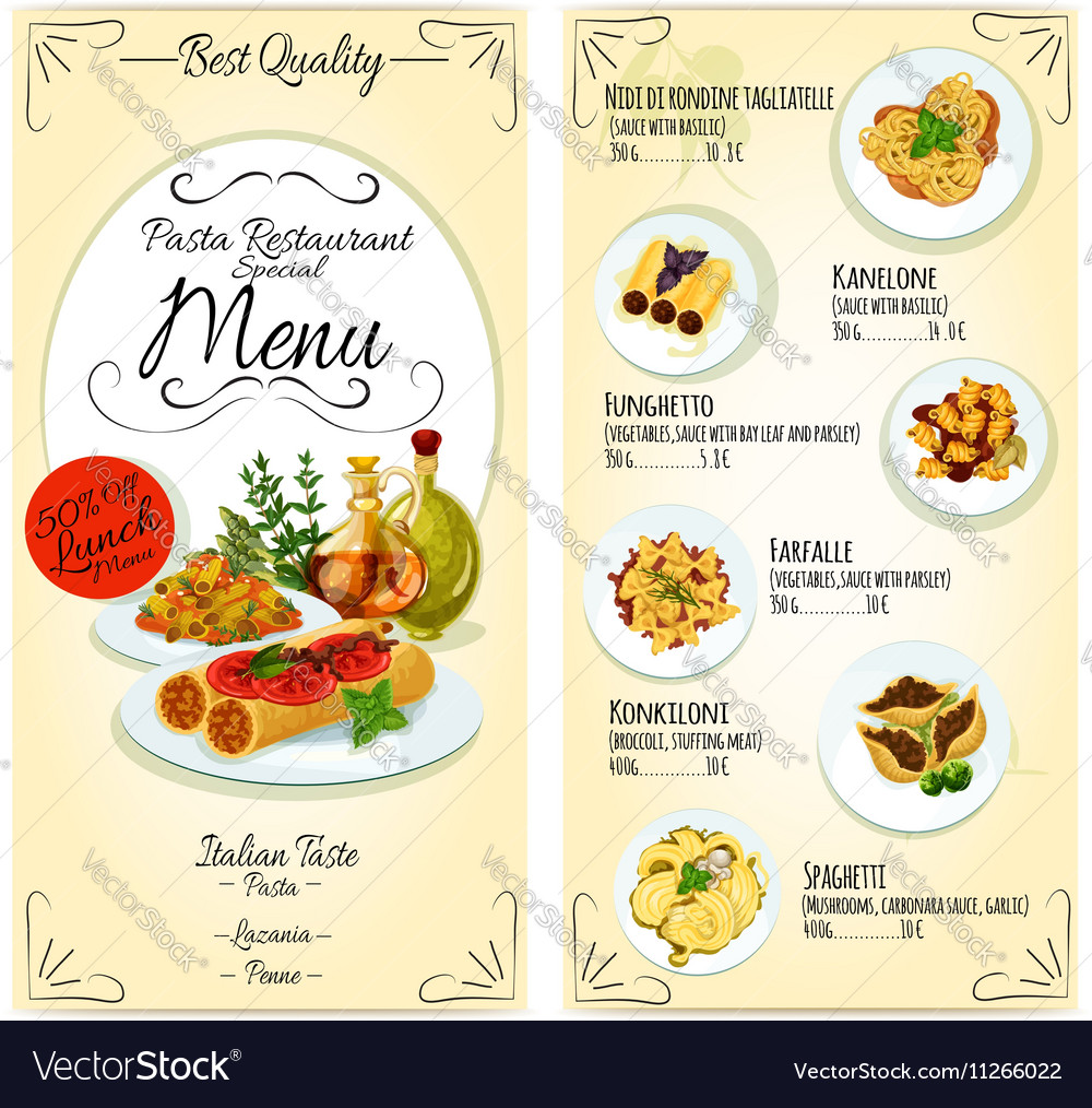 Italian Pasta Restaurant Menu Card Template Vector Image